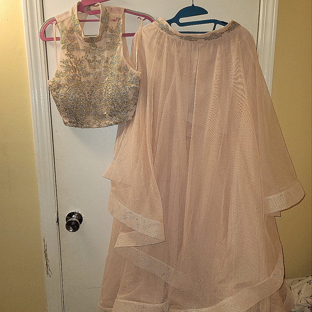 Formal 2-piece dress, size 5. Pastel pink with rose gold shimmer. City Triangles